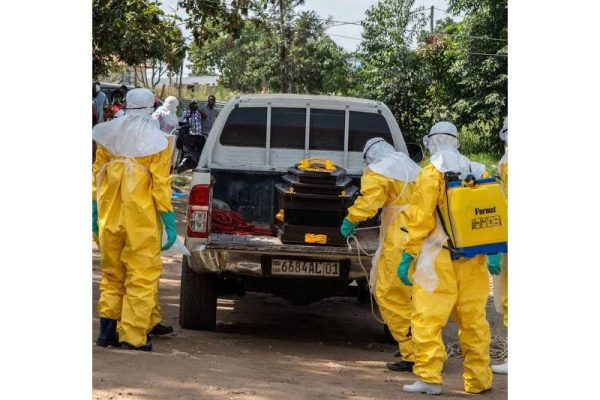 health professionals in protective suits carrying a coffin onto the back of a truck for transport