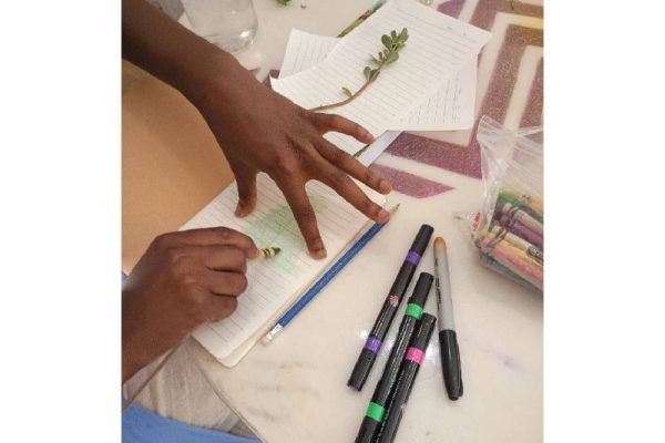 a pair of artist hands creating a crayon rubbing of a foliage at a table full of art supplies