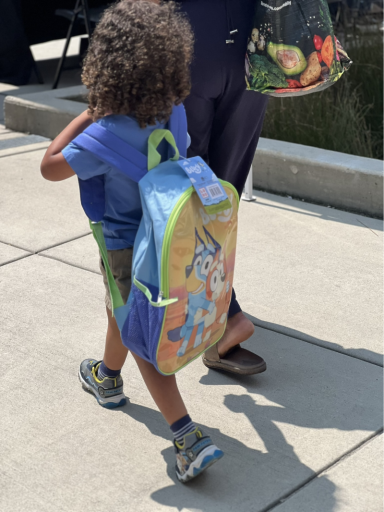child carrying a backpack with a design of Bluey the animated dog