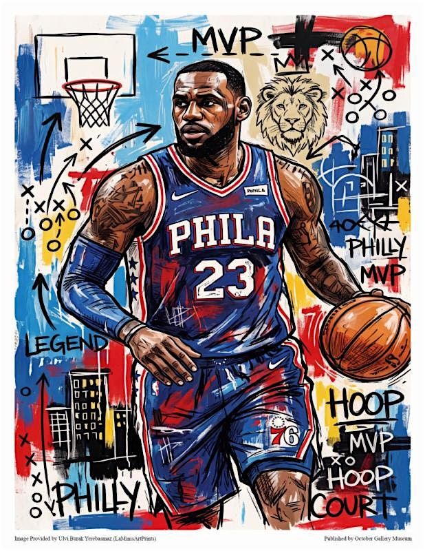 an illustration of LeBron James with a stylized cityscape of Philadelphia and basketball strategies in the backdrop