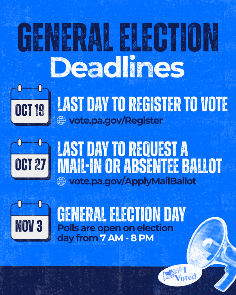 General Election Deadlines: Oct 19 Last Day to Register to Vote, Oct 27 Last Day to Request a Mail-In or Absentee Ballot, Nov 3 General Election Day Polls are open on election day from 7am-8pm