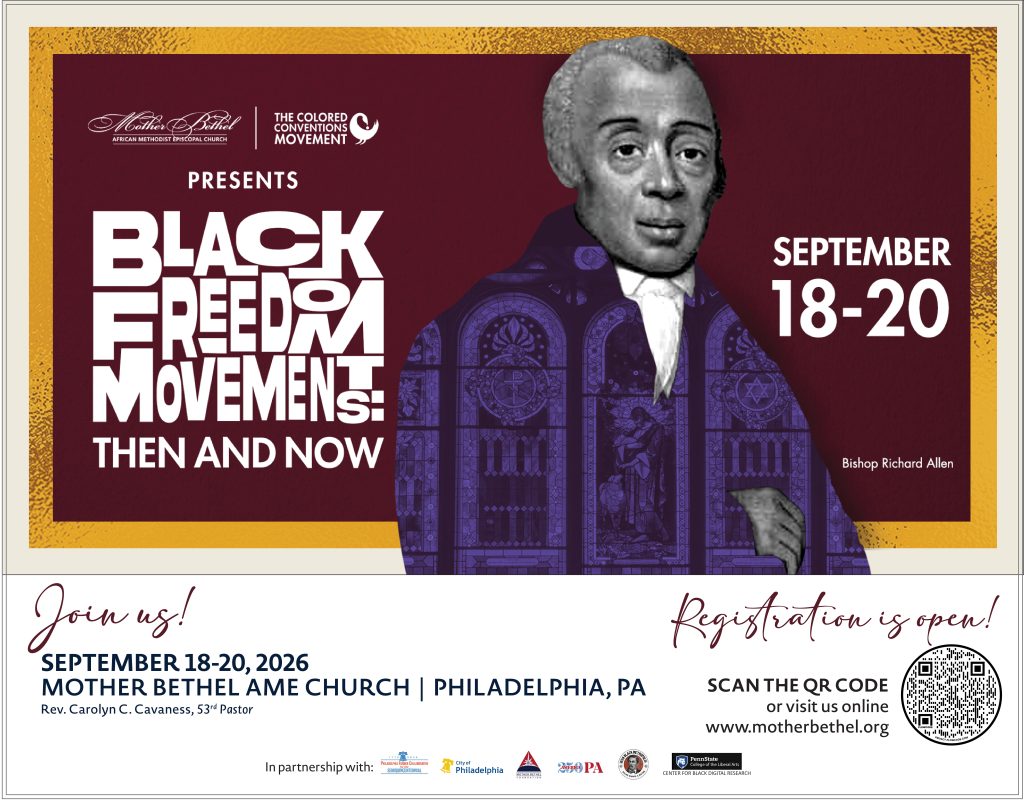 Promotional image for Black Freedom Movements: Then and Now event, with a historic image of Bishop Richard Allen in a collage in which his gown is patterned with stained glass. There is a QR code for registration at the bottom right.