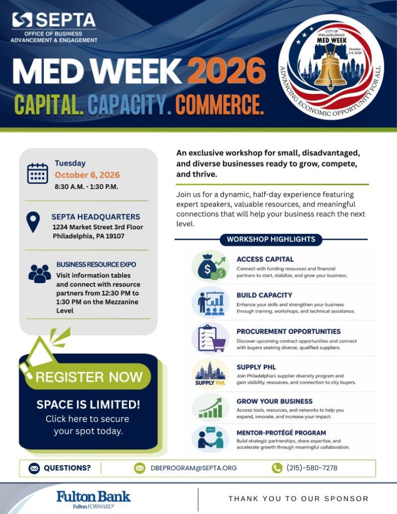promotional image for SEPTA Med Week 2026 - a workshop for small businesses on October 6, 8:30am at SEPTA Headquarters in Philadelphia