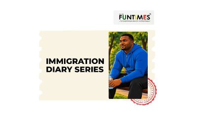 AI-generated illustration of seated Nigerian man, with the text I:mmigration Diary Series, and the FunTimes logo in the corner